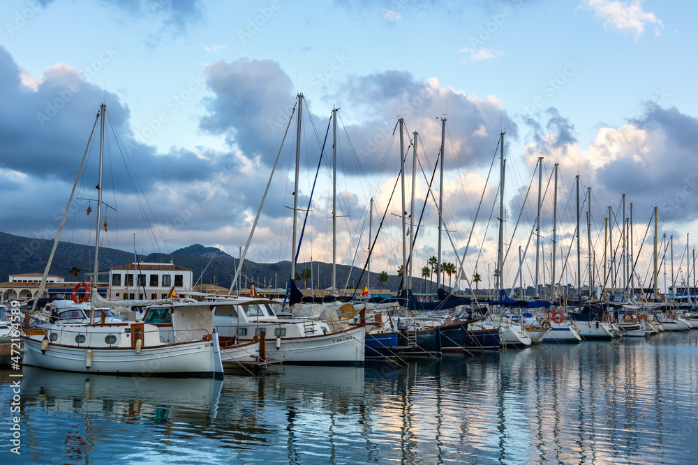 Port de Pollenca marina with sailing boats sailboats on Mallorca travel traveling holidays vacation in Spain
