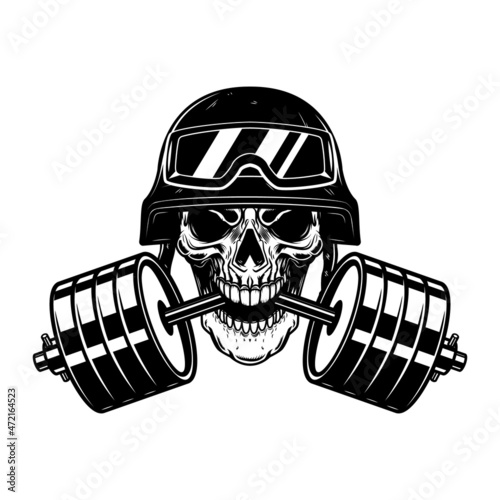 Soldier skull with barbell in teeth. Design element for logo, emblem, sign, poster, t shirt. Vector illustration