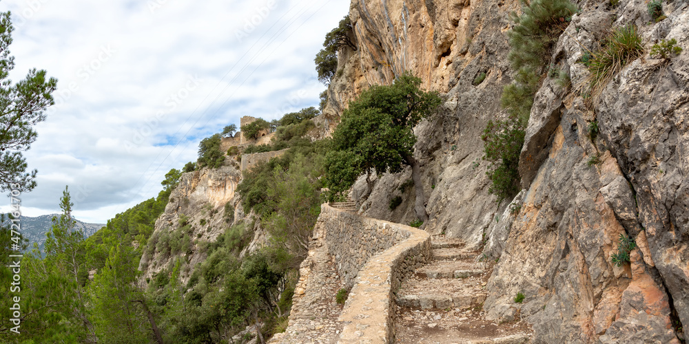Stairs stairway to castle Castell d'Alaro hiking trail path way on Mallorca travel traveling holidays vacation panorama in Spain