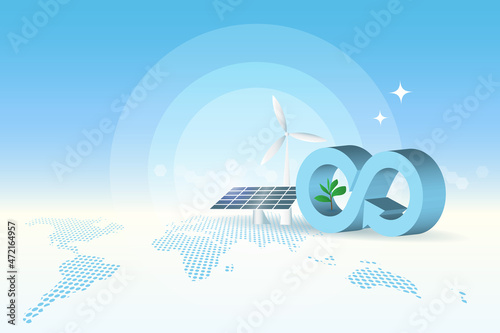 Circular economy logo with wind turbines and solar panel on world map background. For sustainable strategy goal of eliminating waste and pollution, renewable and reuse natural resources.
