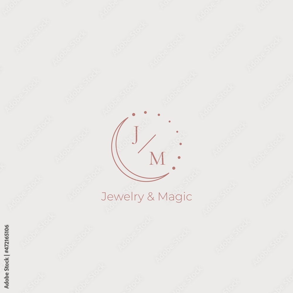 Vector handmade jewelry emblem. Icon with letters J and M. Logo with the moon. Emblem for astrologers, psychologists, healers. Vector handmade jewelry emblem. Icon with letters J and M. Logo with the moon. Emblem for astrologers, psychologists, healers.