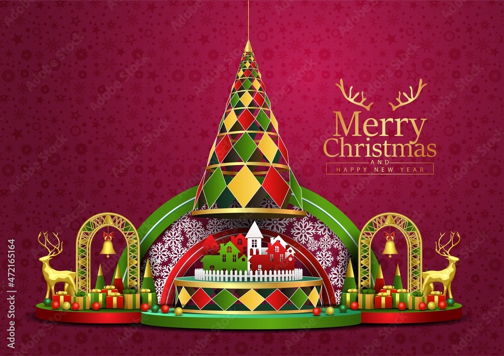 merry Christmas poster design 3d platform with Christmas elements. vector illustration