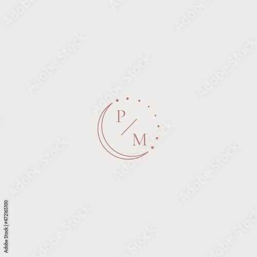 Linear icon with moon, stars, letters M and P. Logo for womens business, astrology, jewelry, beauty salon, cosmetics. Stylish icon with moon and stars.