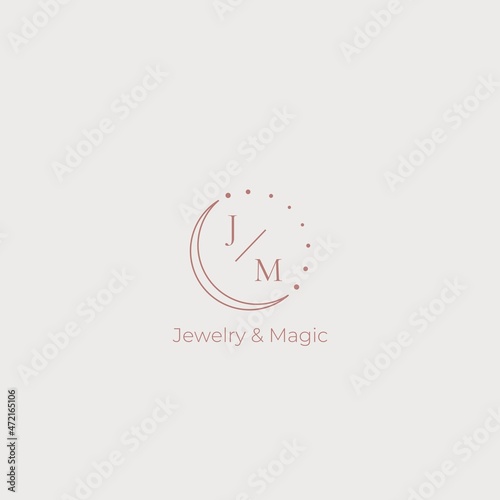 Vector handmade jewelry emblem. Icon with letters J and M. Logo with the moon. Emblem for astrologers, psychologists, healers.