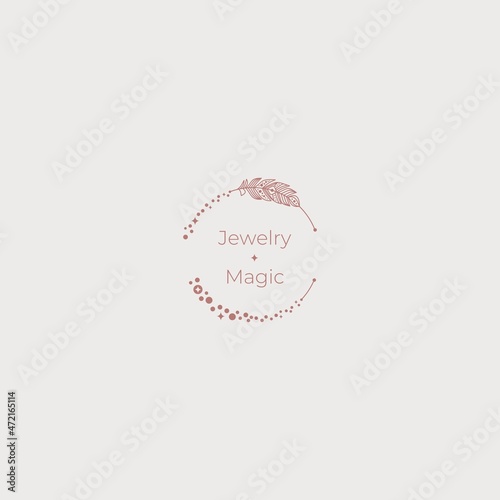 Handmade jewelry. Magical decorations. Emblem for jewelry, astrologers, coaches, hand-made. Beads, feathers, stars. Magical beautiful elegant vector emblem.