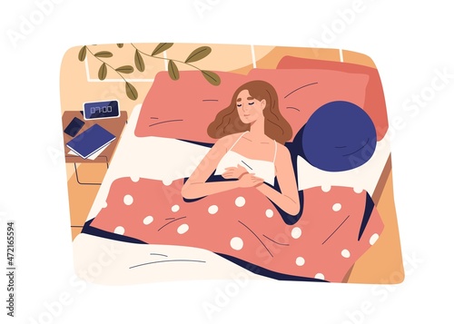 Woman sleeping in bed. Peaceful morning sleep of person. Female asleep in cozy comfy bedroom at home, lying and dreaming alone on pillows under blanket. Flat vector illustration of human relaxing