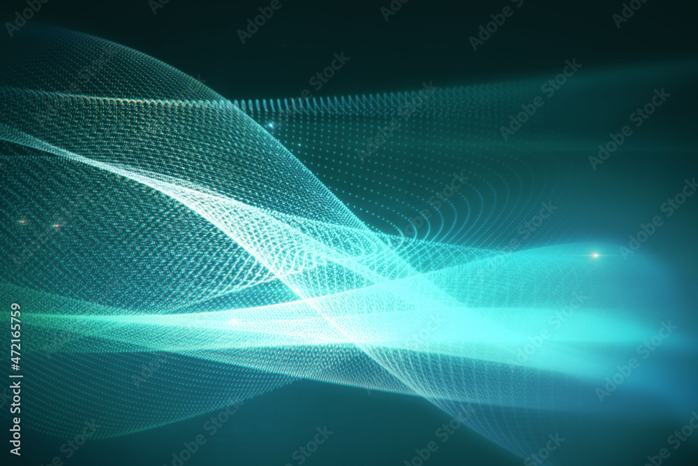 Futuristic blue digital wave backdrop. Landing page, technology and future concept. 3D Rendering.
