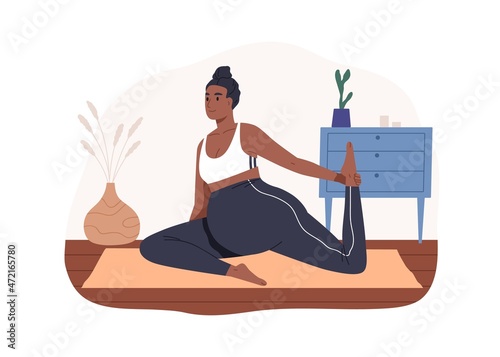 Pregnant woman practicing prenatal yoga. Mom with belly stretch her limb in one-legged King Pigeon Pose during pregnancy. Mother do gymnastics. Flat vector illustration isolated on white background