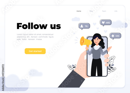 Vector illustration for internet advertisement. Hands holding smartphone with a girl shouting in loud speaker. Influencer marketing, social media or network promotion, SMM banner, landing page,flyer.