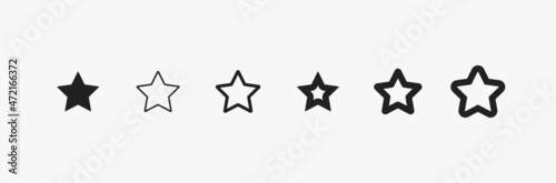 Star different variations. Set of black stars isolated on white background. Various star shape collection for rate, winner, quality, and design. Geometric flat icon for vote, favorite, and Xmas