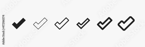 Various tick set vector. Confirm checkmark isolated on white background. Black linear tick for business and accept. Ok symbol