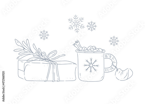 Vector line art illustration with Christmas gift box, cup with hot beverage, tangerine slice and snowflakes isolated. Hand drawn contour drawing. For banners, prints, cards.