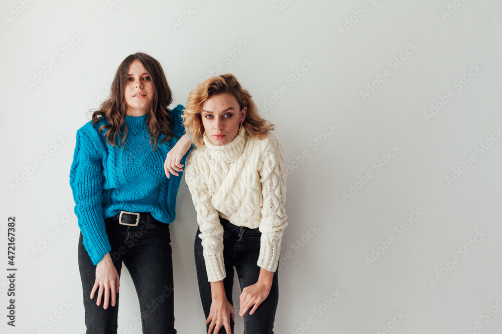 two beautiful fashionable women friends hugging nice two beautiful fashionable women friends hugging nice