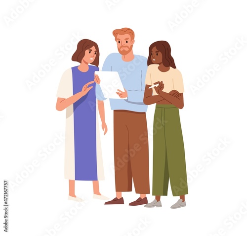 People signing document, collective application with common statements and requirement. Employees activists holding group complaint, petition. Flat vector illustration isolated on white background