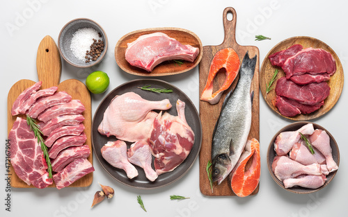 Various raw meats on a gray pastel background. Beef, pork, fish, chicken and duck. Top view, flat lay. Meat assortment. photo