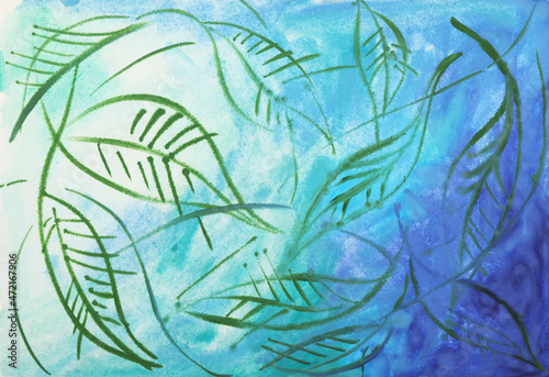 Hand painted leafs on blue background