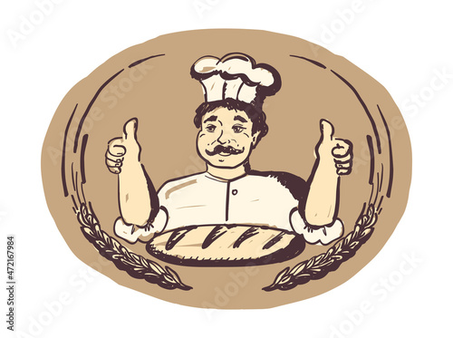 Baker portrait showing thumbs up two hands, bakery logotype