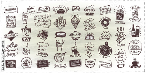 Menu set of symbols, signs and elements, vector hand drawn designs with fast food, pastries and drinks, alcohol, etc