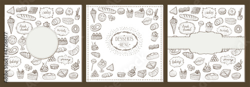 Desserts and baked goods cards and menus set, doodle style hand drawn vector sketches