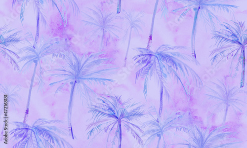 Watercolor summer seamless pattern in lilac shades with coconut trees painted in wet technique for textiles