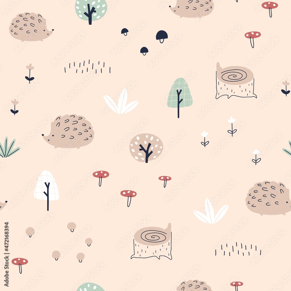 Hedgehog in the forest with rainbows seamless pattern. Autumn illustration in simple hand drawn scandinavian style. The limited pastel palette is ideal for printing baby clothes, fabrics, textiles.