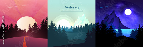Vector flat illustration. Night, evening or morning with sun, road and forest.