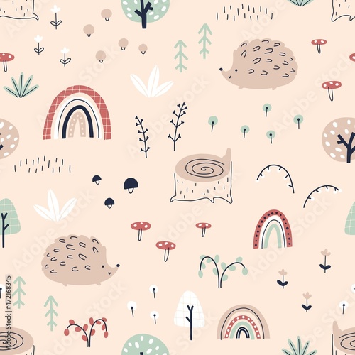 Hedgehog in the forest with rainbows seamless pattern. Autumn illustration in simple hand drawn scandinavian style. The limited pastel palette is ideal for printing baby clothes, fabrics, textiles.