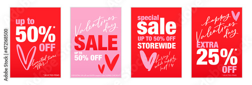 Valentine's day sale flyer template. Colorful red and pink poster with 50% off typography text and handwritten engaging phrases to stimulate customer to buy product in the shop.