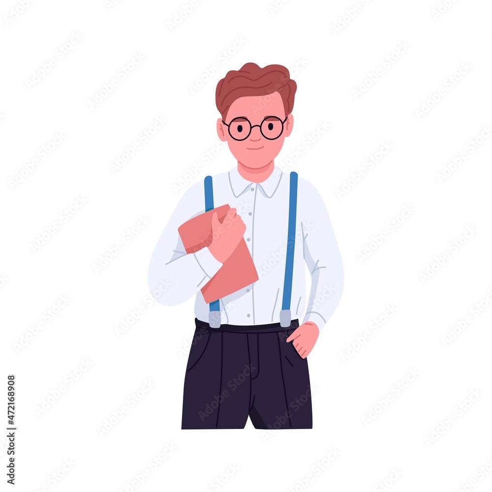 School boy portrait. Kid in eyeglasses with book in hands. Smart schoolboy in eyewear, holding textbook. Primary pupil. Smiling child in glasses. Flat vector illustration isolated on white background