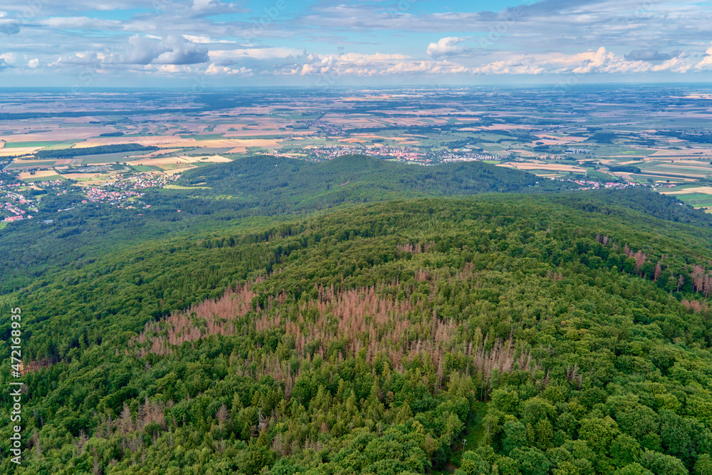 Obraz premium Aerial view of beautiful landscape in Mountains with forest. Sleza mountain near Wroclaw in Poland. Nature background