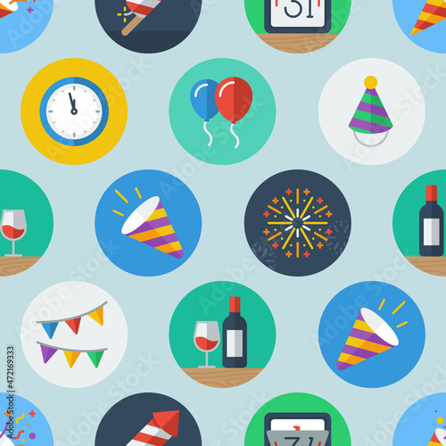 Colorful seamless pattern of circular new year icons and party related icons. © oelhoem