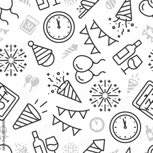 Black and white background pattern of new year party icons with smaller grey icons.