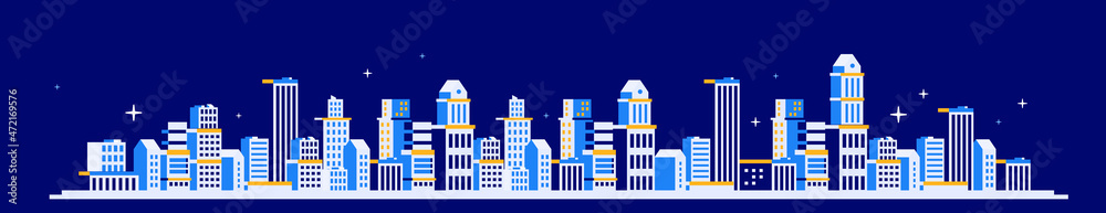 Vector horizontal illustration of night cityscape on dark blue color sky background with star. Flat isometric style design of panorama of light city street