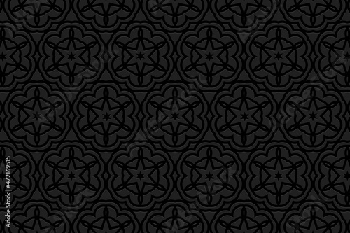 Embossed black background design.Texture with geometric volumetric convex ethnic abstract 3D pattern.Vector graphic template in the style of the peoples of the East, Asia, India, Mexico, Aztec.