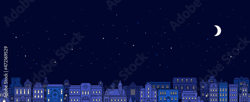 Vector illustration of night city street on dark blue color sky background with shine window and moon. Line art style design of horizontal panorama of european night city with star