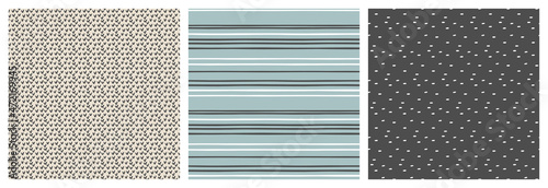 Pastel neutral colours minimalist scandi seamless pattern set. Coordinating designs with stripe, checkmark and abstract spot repeat vector designs.