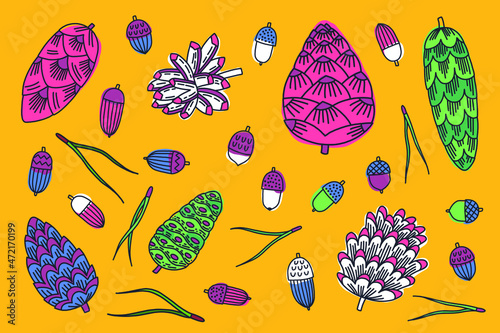 Set of cones, acorns and pine needles isolated on a yellow background. Vector doodle illustration for design, decor