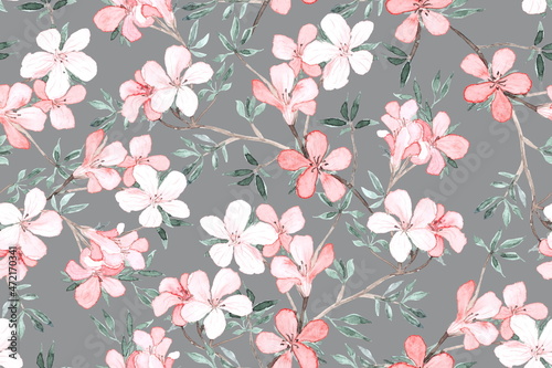Floral seamless pattern of watercolor branches of sakura or blooming apple tree. Ready-made ornament for surface design, fabric, paper and w