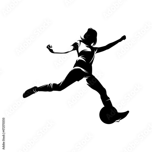 Women soccer player vector silhouettes on white background isolated. Silhouette of a woman kicking soccer ball, vector illustration
