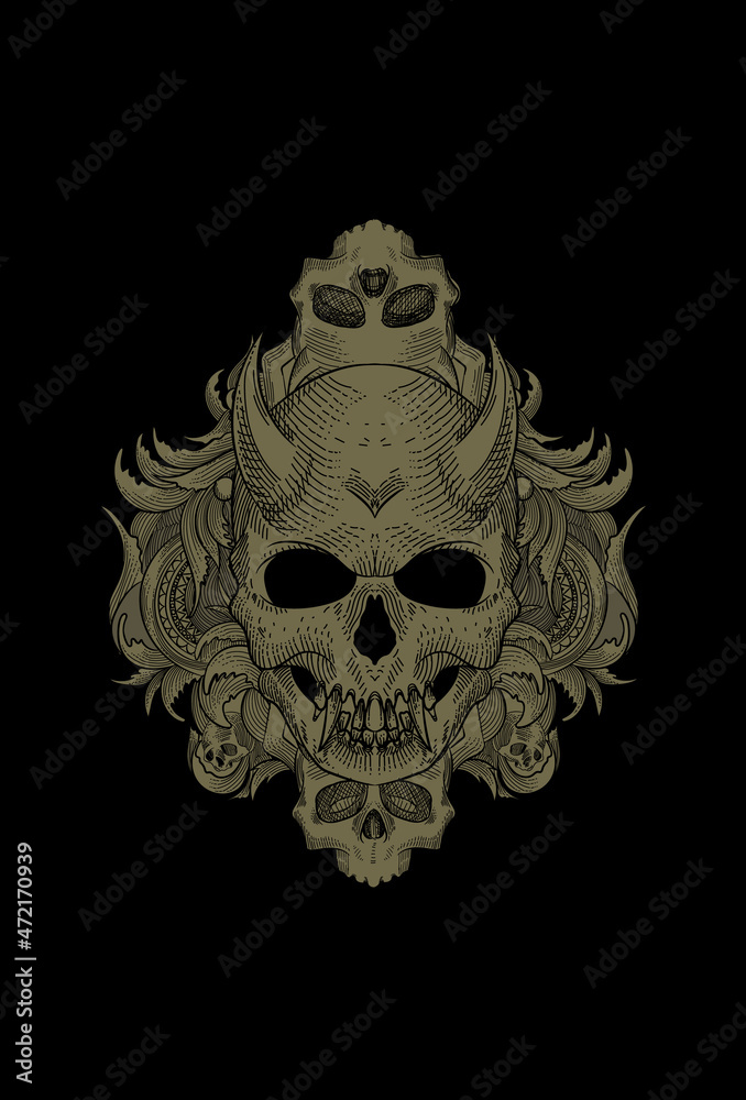 Skull and mirror glass with ornament artwork illustration Skull and mirror glass with ornament artwork illustration