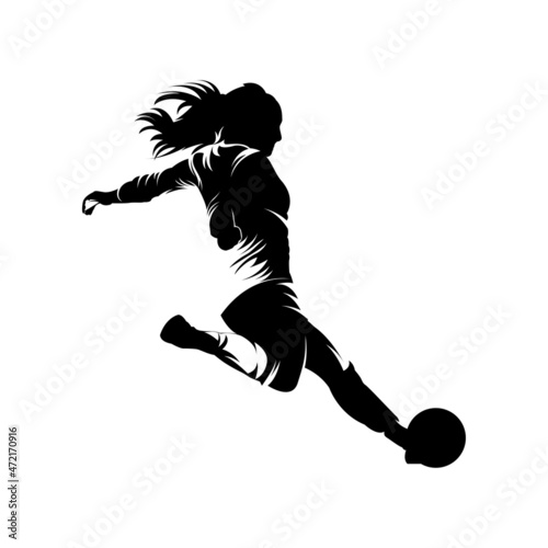 Women soccer player vector silhouettes on white background isolated. Silhouette of a woman kicking soccer ball, vector illustration