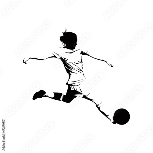Women soccer player vector silhouettes on white background isolated. Silhouette of a woman kicking soccer ball, vector illustration