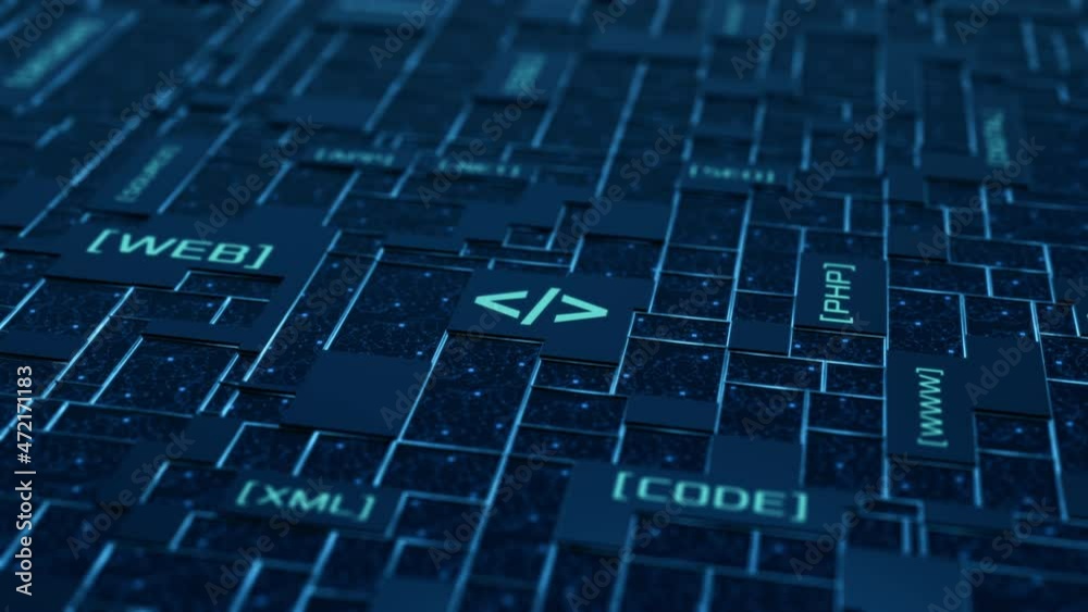 abstract network grid with keywords and icons, web development and web design concept, software development process (3d render)