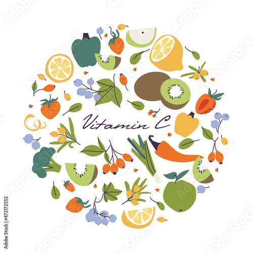 Vector illustration various of food with vitamin C sources. Fruits and vegetables enriched with ascorbic acid. Nutrition composition.