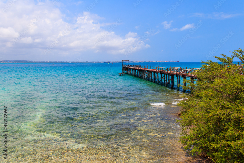 Wooden pier leading to clear blue ocean on Prison island, Zanzibar, Tanzania