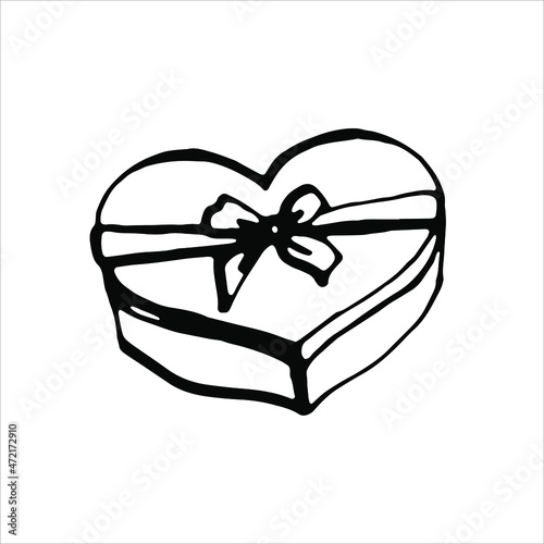 Gift box with ribbon and bow. Black and white clip-art. Vector