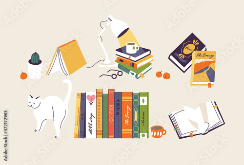 Vector illustration set of books and educational elements. Various books, stack of books, notebooks with decorative elements.