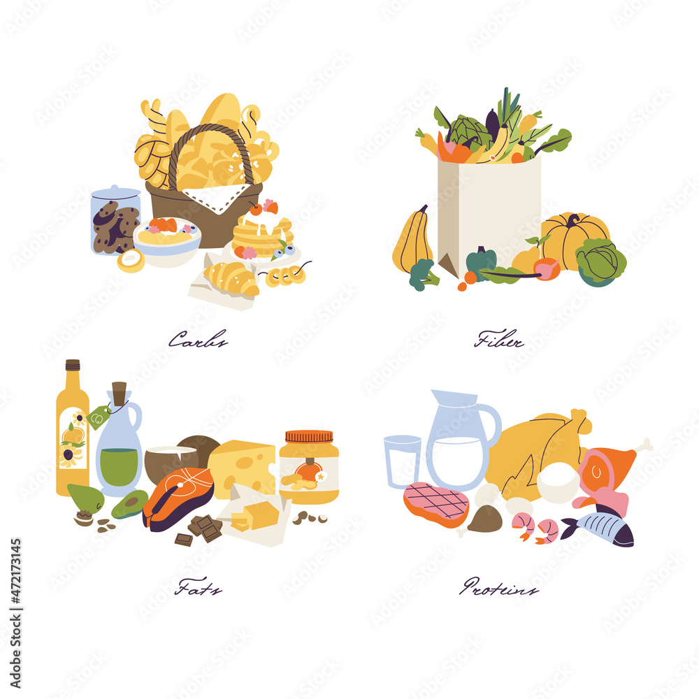 Vector illustration set of nutrition categories macronutrients. Fiber, proteins, fats and carbs illustrates in food products.