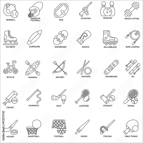 Outline Sports equipment flat vector icon collection set