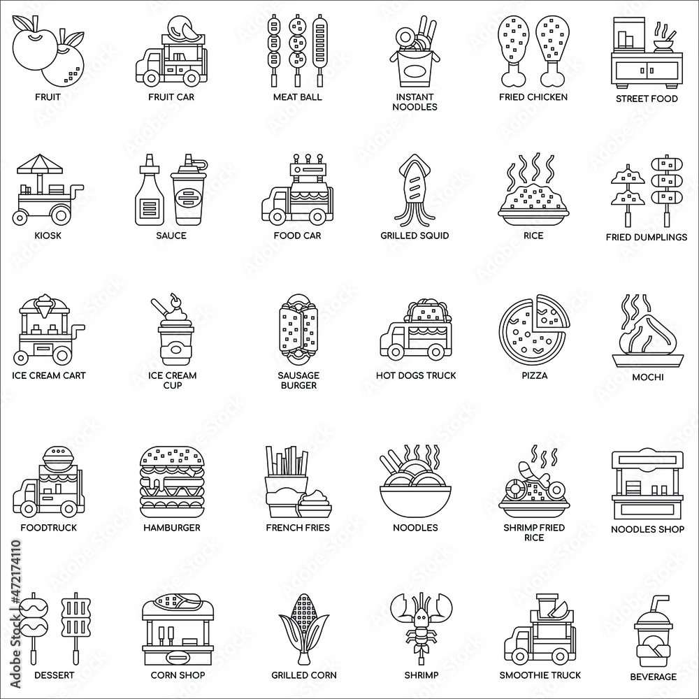 Outline Street Food and Food Truck flat vector icon collection set